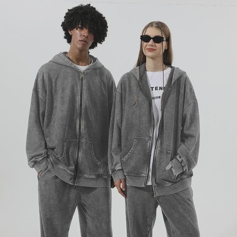 Grote distressed gewassen katoenen badstof rits-hoodie met verlaagde schouder