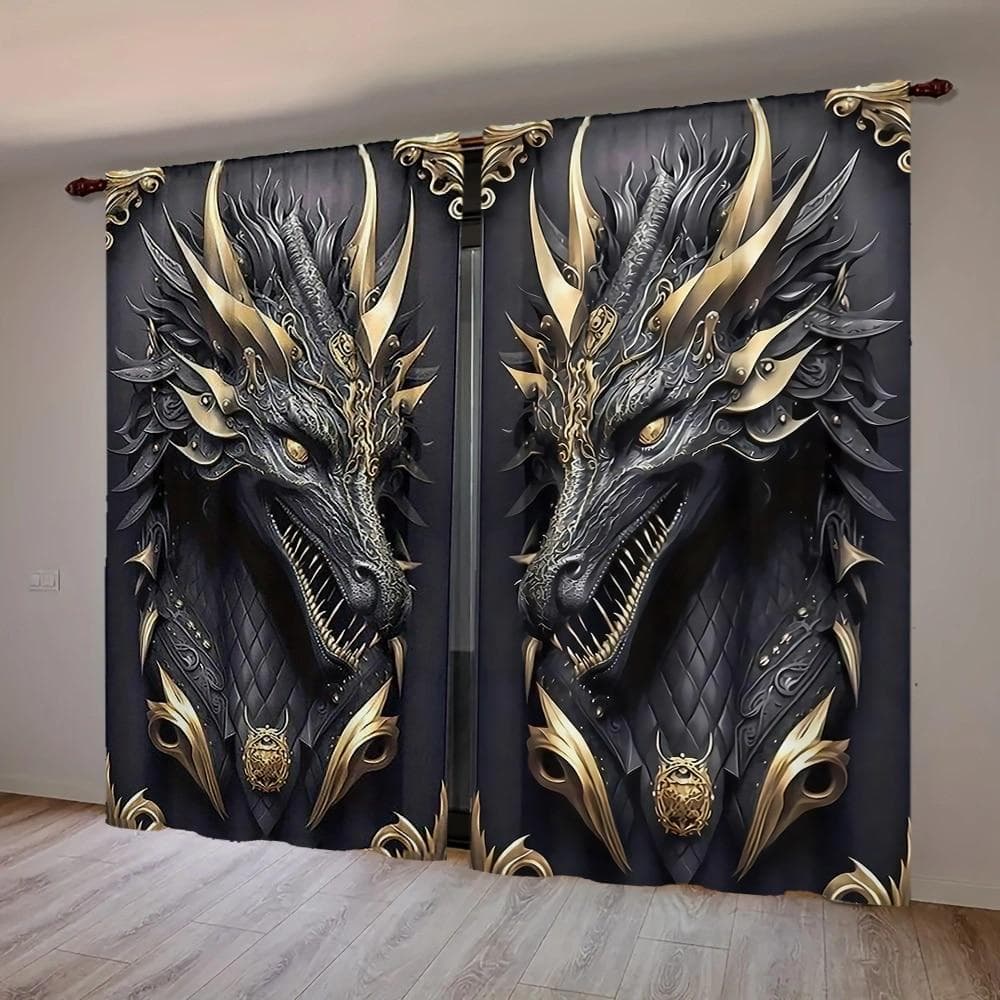 Set van 2 Dramatische Drakenprint Gordijnstof Woonkamer Slaapkamer Raamdecoratie Gordijn Verduisterend Voor Gemaakt Polyester Met Stangzak