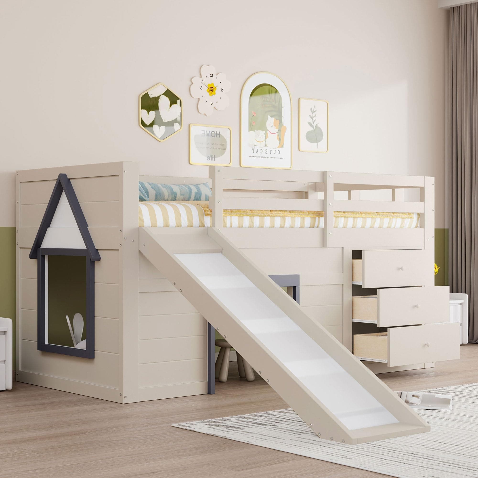 Kinderbed 90x200 Functioneel bed Kinderen Hoogslaper met Glijbaan, Opbergruimte crème