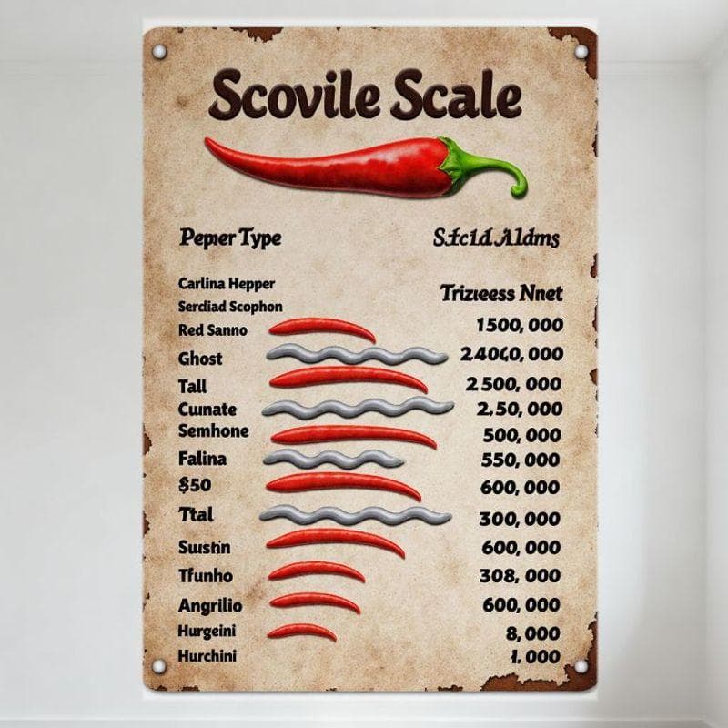 Vintage Scoville Schaal Peper Hittegraad Metalen Blikbord - Rustiek Verouderde Wanddecoratie voor Culinaire Woondecoratie, Restaurant Bar M