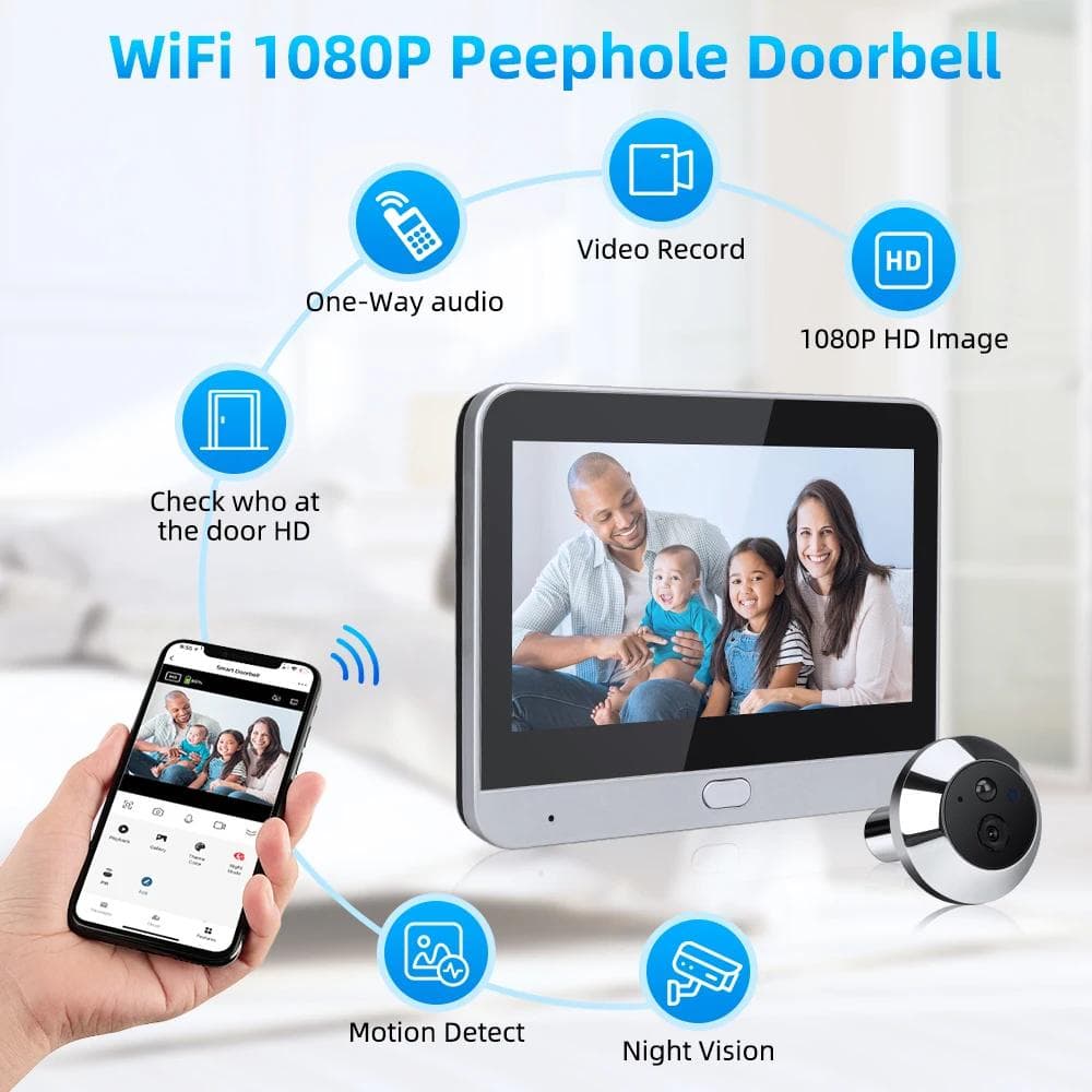 Wifi Binnencamera 1080P Tuya Kijkgaatje Deurbel PIR Bewegingsdetectie Deurkijker Nachtzicht Eenrichtingsverkeer 5000mAh 4,3  LCD-scherm zilver