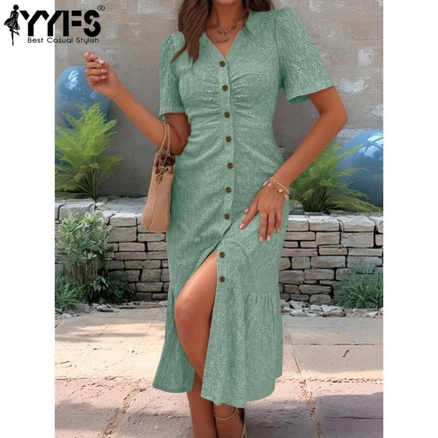 YYFS Damesmode Zomer Lente Effen Kleur Print Korte mouw V-hals Hoge taille Casual jurken cm kaki