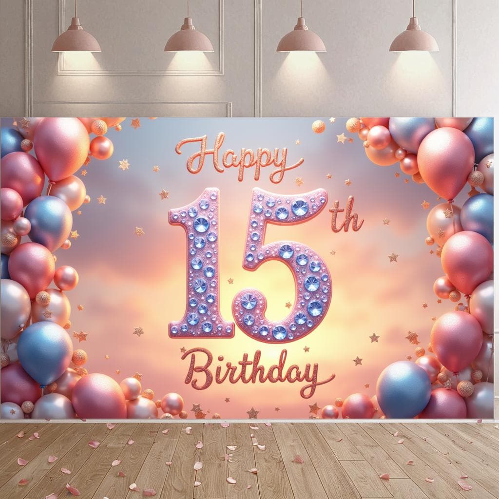 15e Gelukkige Verjaardag Achtergrond Confetti Ontwerp Ballon Vijftien Verjaardagsfeest Decoraties Banner Fotografie Achtergrond Props