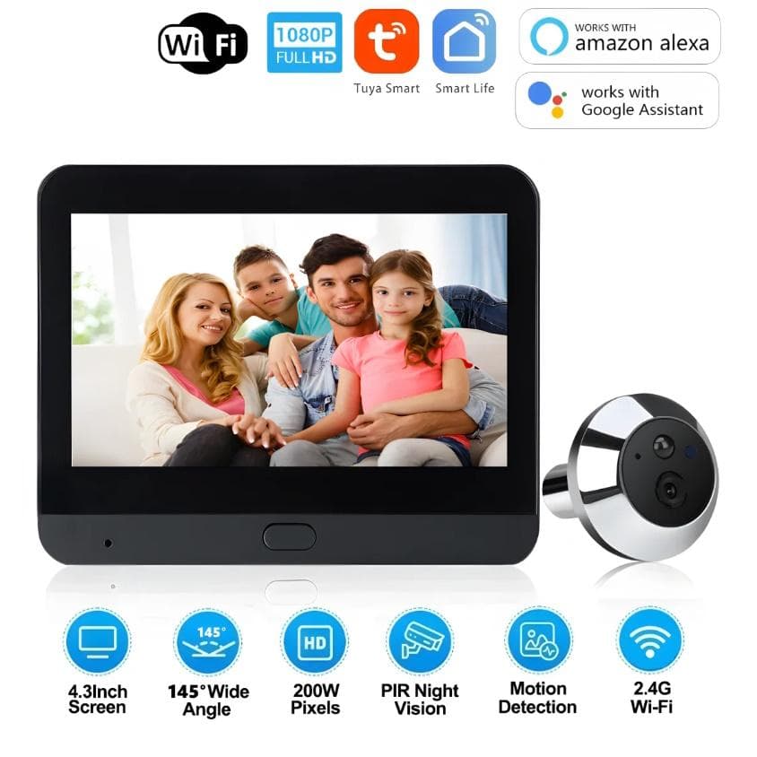 1080P Tuya Smart 2.4G WIFI Digitale Deurkijkers Viewer 4.3 Inch Digitale Magic Eye Draadloze Deurbel Camera Beveiligingsdeur Oog Camera zwart