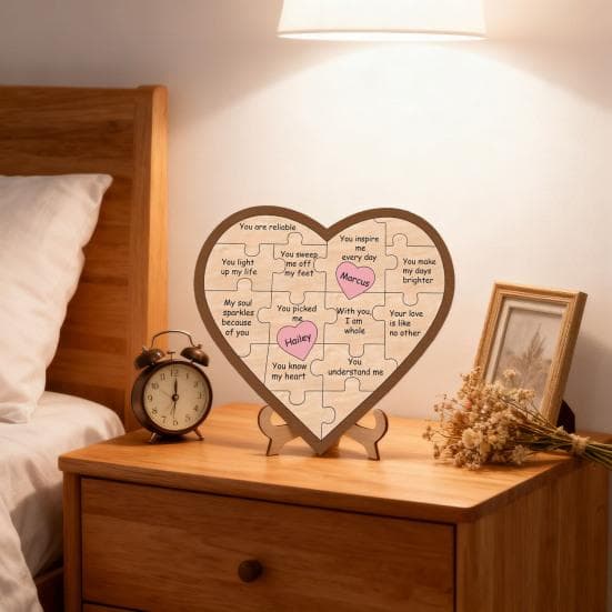 Persoonlijke hartpuzzel met de tekst  Redenen waarom ik van je hou , een op maat gemaakt Valentijnsdagcadeau, een houten hartvormig plaatje met romant