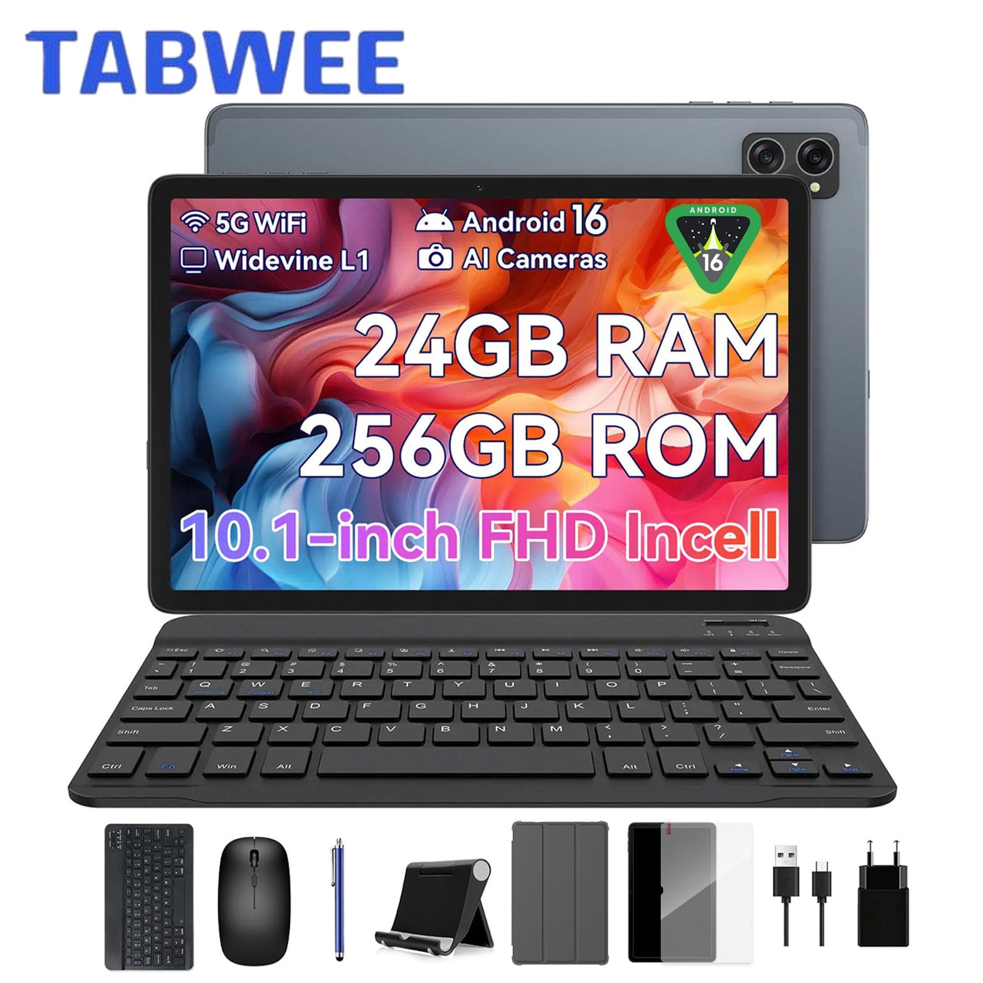 TABWEE T20 Android 16 24GB RAM 256GB ROM Tablet 10.1 Inch 1280x 800 FHD Display Octa Core UMS9230 T606 PC Tablet met Toetsenbord grijs