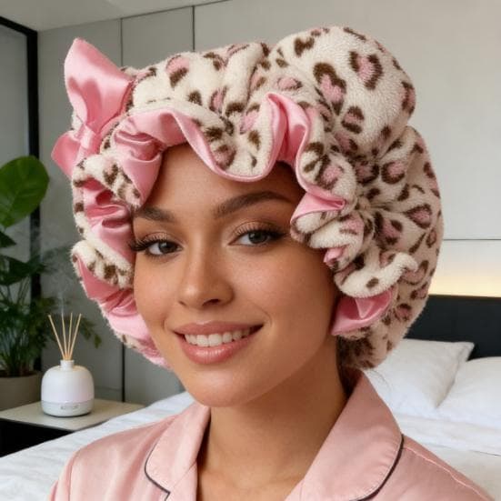 Luipaardprint Slaapmuts Strik 3D Kattenoor Decoratie Verstelbaar Geen Frizz Pasvorm Dubbele Laag Satin Voering Haarbescherming Muts rood