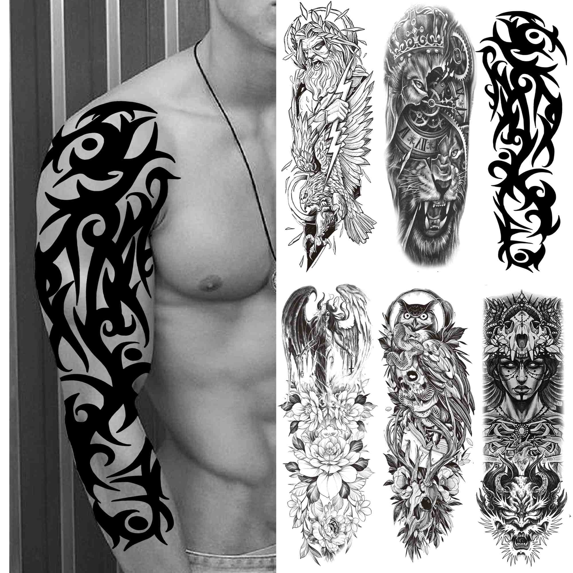 Tribal Totem tijdelijke tattoo mouw voor mannen vrouwen volwassen nep bloem schouder Tatoos sticker zwarte schedel tatoeages grote volledige arm