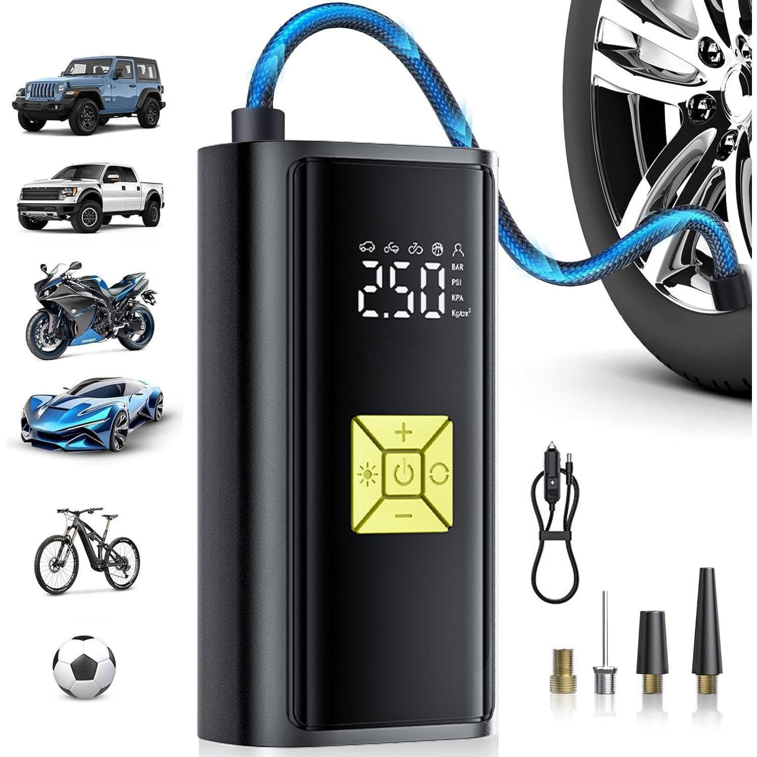 Draagbare Bandenpomp Luchtcompressor met Digitale Drukmeter Snelle Inflatie, Auto Uitschakelfunctie voor Auto's, Motorfietsen, Fietsen & Ballen