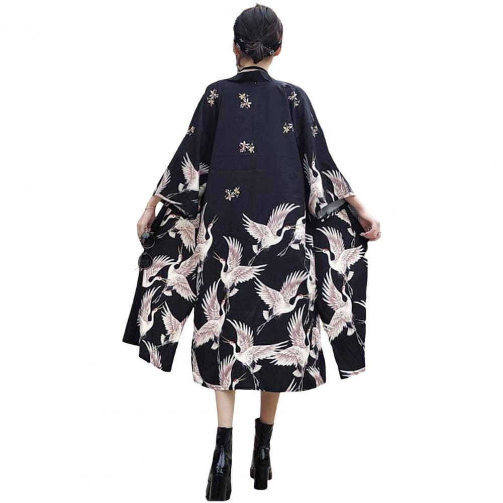 Unisex Blouse Vintage Stijl Japanse Stijl 3/4 Mouwen Comfortabele Pasvorm Vest Vogel Print Badjas Split Zoom Actief Reizen Feesten Dagelijks W M zwart