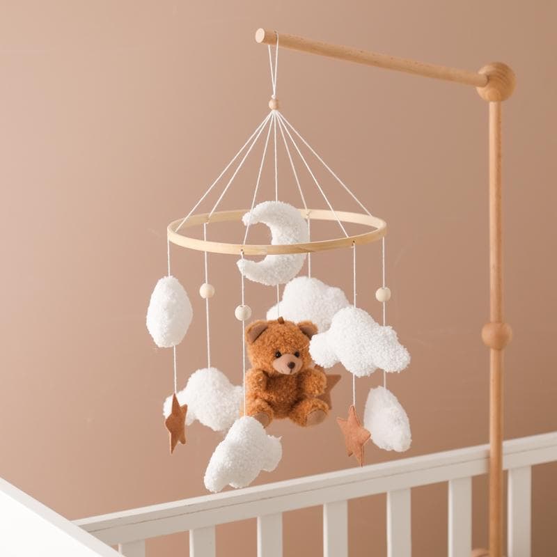 Houten Wiegenmobiel Babybed Bel Rammelaar Speelgoed Zacht Vilt Cartoon Beer Mobiel Hanger Pasgeboren Muziekdoos Bedbel Hanger Beugel Speelgoed