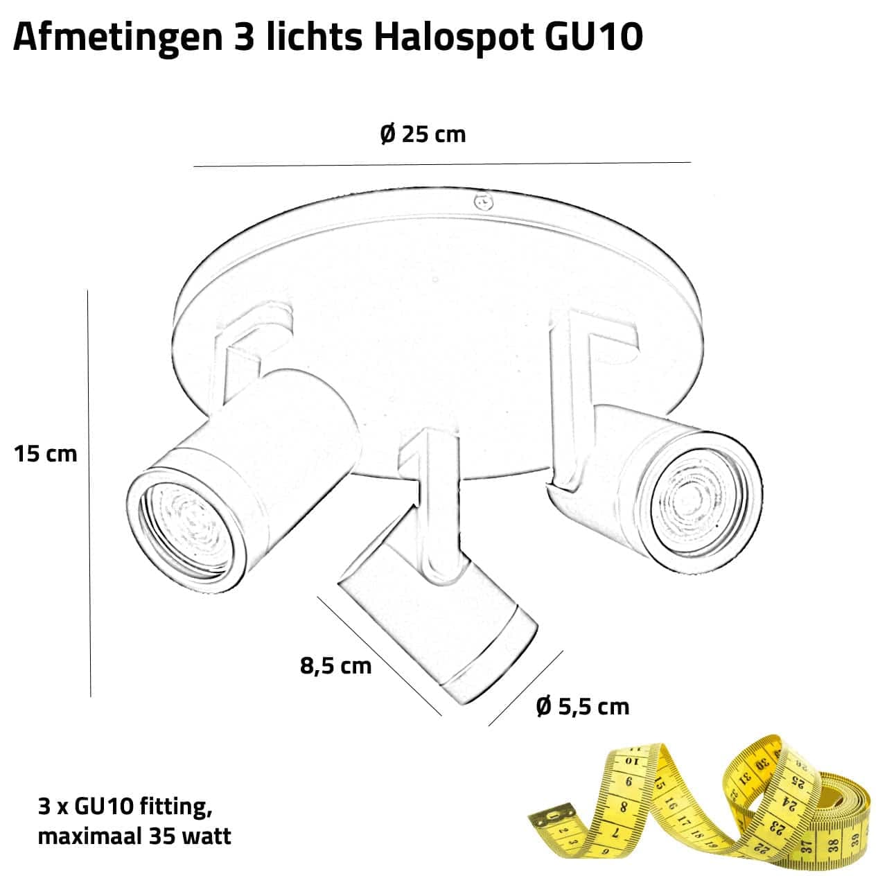 Plafondspot | 25 cm | halospots zwart | 3 lichts | GU10 | zwart | metaal | moderne verlichting