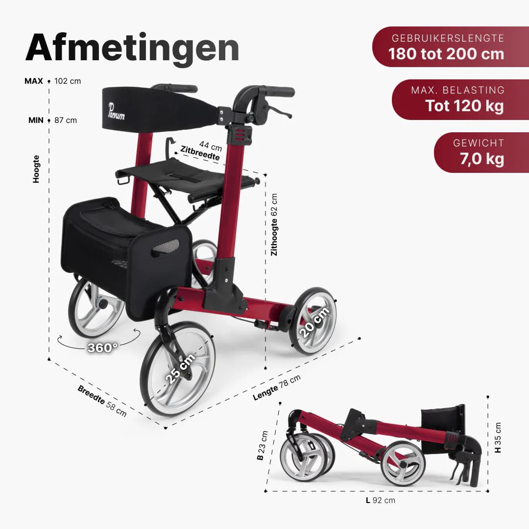 Parvum Luxo Large Rollator - Luxe dubbel opvouwbare rollator (6,9kg)-Red