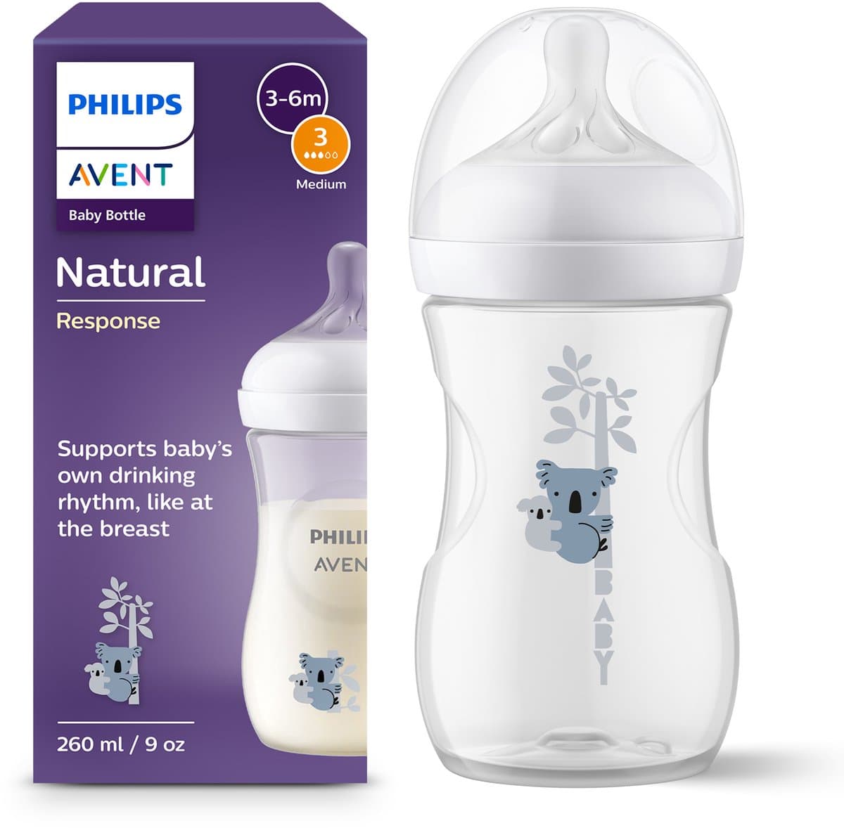 Philips Avent natural response babyfles - 260 ml - flow 3 - koala - 1 fles - scy903/67
