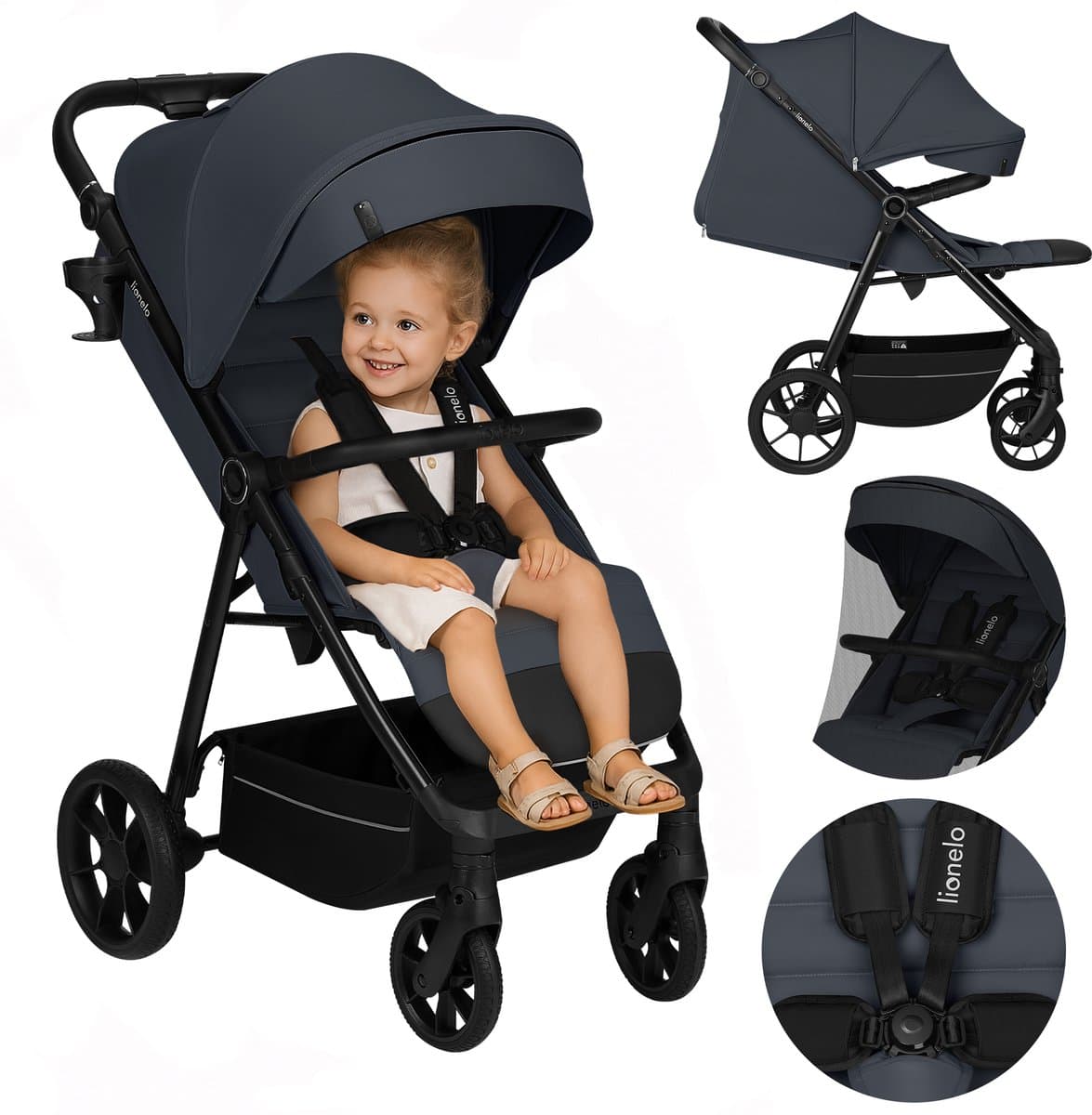 Lionelo iva - wandelwagen & buggy premium - 6 maanden 4 jaar (tot 22 kg) - 360° zwenkwielen met vering - magnetische gordel - xxl zonnekap upf50 -