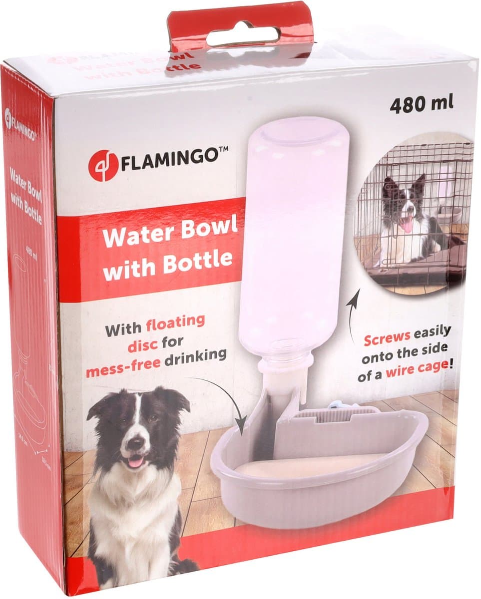 Flamingo drinkfles hondenbench - drinkbak bench hond - drinkfles transportbench - anti-mors systeem - universeel klemsysteem - diza grijs - 480 ml