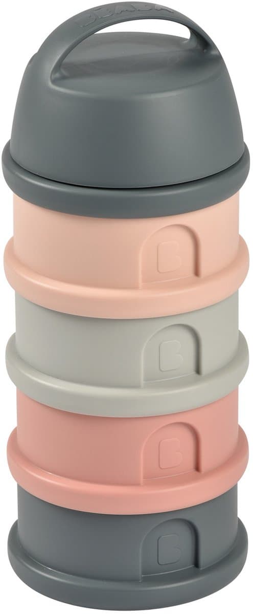 Béaba melktoren - baby melkpoeder doseerdoosjes - 4 laagse melkpoeder toren - babyvoeding bewaarbakjes - bpa vrije poedertoren - roze grijs
