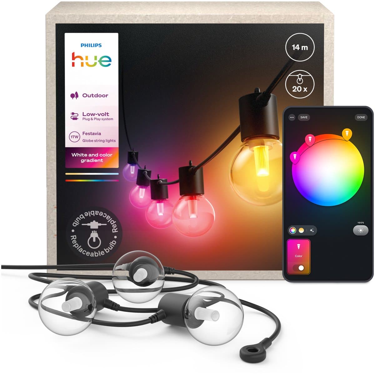 Philips Hue festavia outdoor lichtsnoer met onbreekbare globe-lampen, wit en gekleurd licht - 14 meter - 20 lampen