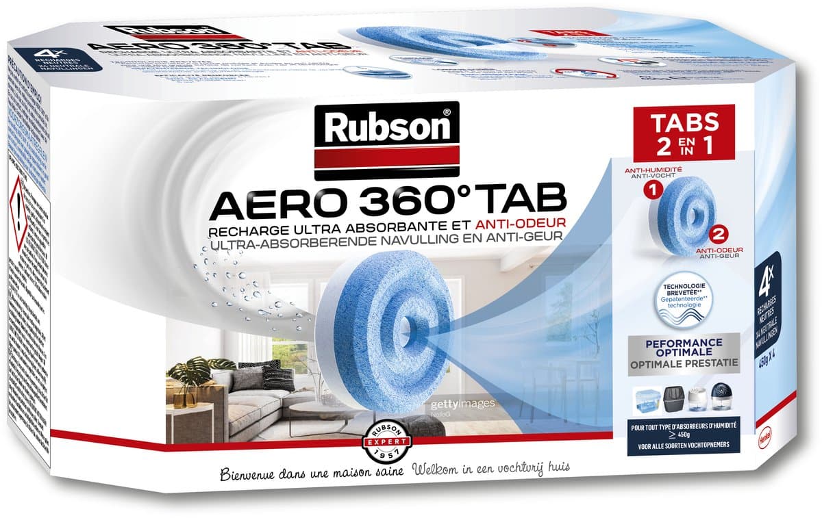 Rubson aero 360 navullingen neutral 4 stuks | vochtvanger luchtontvochtiger navulling | vochtvanger navul tabs | kamer ontvochtiger & vochtopnemer