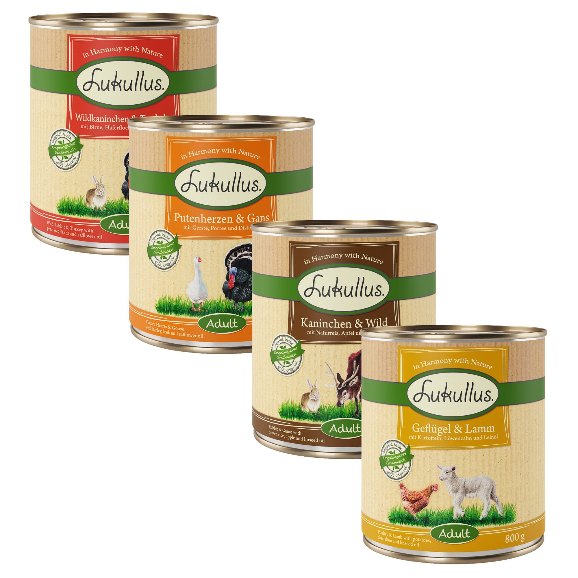 24 x 800 g Lukullus - Gevogelte & lam, konijn & wild, wild konijn & kalkoen, kalkoenhartjes & gans
