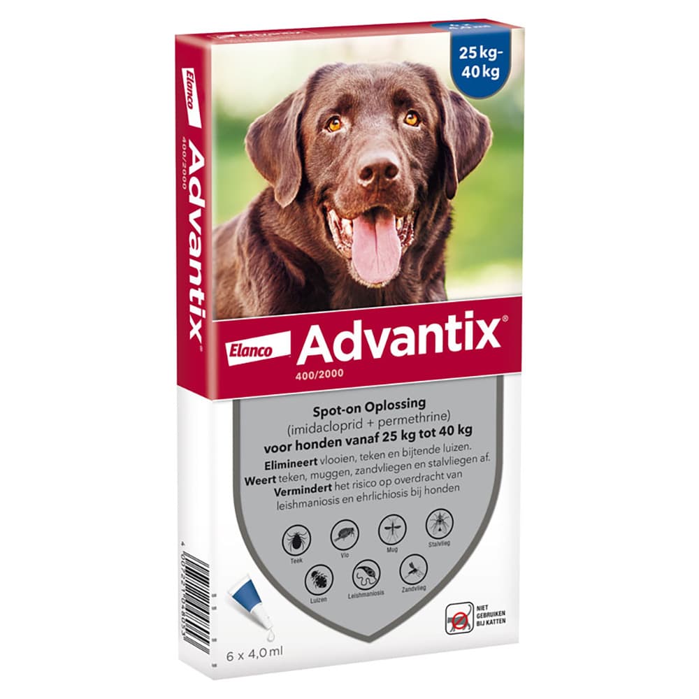 6 Pipetten x 4 ml Advantix 400/2000 Spot-on Solution voor Honden 25-40kg - NL