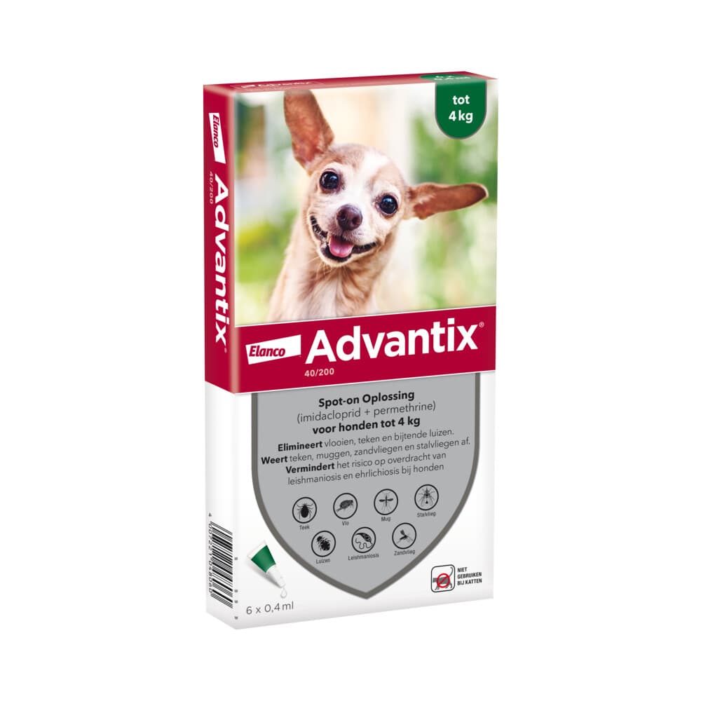 Advantix Spot On 40 Anti Vlooien en Teken Druppels Hond tot 4 kg 6 pipetten