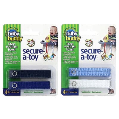 Baby Buddy, Secure-A-Toy, 4 + maanden, Zwart/Donkerblauw & Lichtblauw/Wit, 4 Bandjes