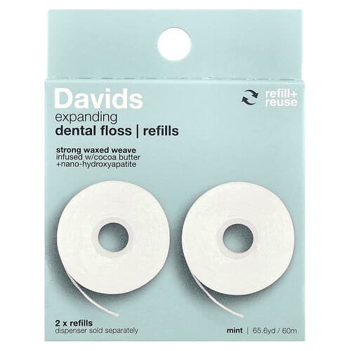 Davids, Uitbreidbare tandzijde, navullingen, munt, 2 stuks, (32,8 yd / 30 m) per stuk