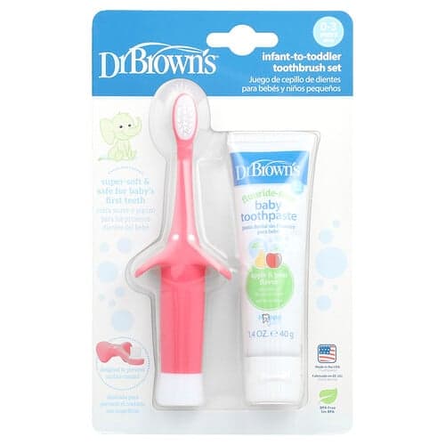 Dr. Brown's, Tandenborstelset voor baby's en peuters, 0-3 jaar, roze, appel en peer, 2-delige set