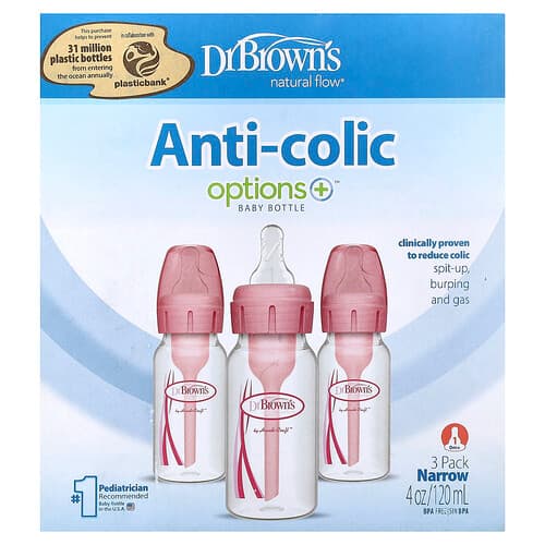 Dr. Brown's, Natural Flow®, Anti-koliekopties+™ babyfles, 0 maanden en ouder, 3-pack, 120 ml per fles