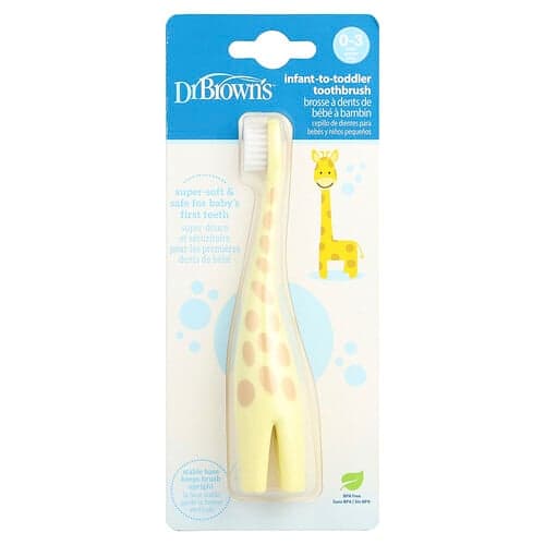 Dr. Brown's, Tandenborstel voor baby's en peuters, 0-3 jaar, geel, giraf, 1 tandenborstel