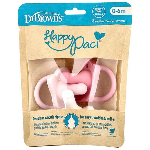 Dr. Brown's, HappyPaci™ fopspeen, 0-6 maanden, roze, lichtroze en wit, 3 stuks