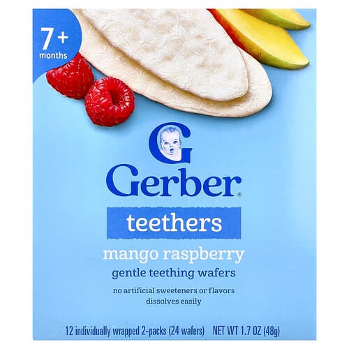 Gerber, Bijtringen, Zachte Tandjeswafels, 7+ maanden, Mango Framboos, 12 individueel verpakte 2-packs, 4 g per stuk