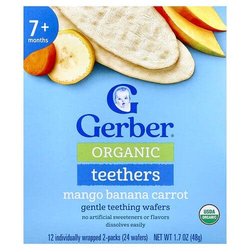 Gerber, Biologische bijtringen, zachte bijtwafeltjes, 7+ maanden, mango-banaan-wortel, 12 individueel verpakte 2-packs, 4 g per stuk