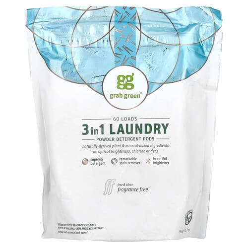 Grab Green, 3-in-1 wasmiddelpods, geurvrij, 60 wasbeurten, 960 g