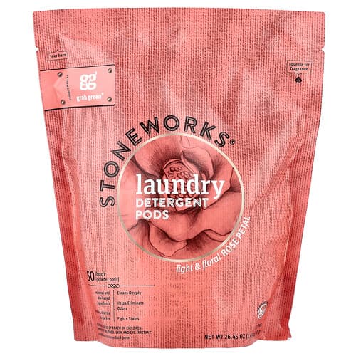 Grab Green, Stoneworks®, wasmiddelpods, rozenblaadjes, 50 wasbeurten, 750 g
