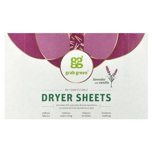 Grab Green, Droogtrommeldoekjes, lavendel met vanille, 80 composteerbare doekjes