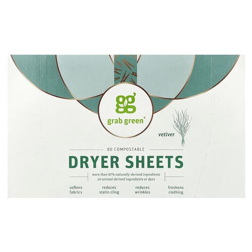 Grab Green, Droogtrommeldoekjes, Vetiver, 80 composteerbare doekjes