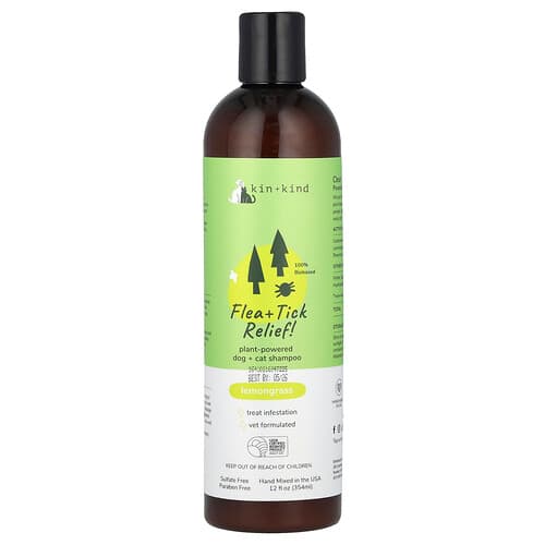 Kin+Kind, Vlooien- en tekenbestrijding!, Plantaardige shampoo voor hond en kat, citroengras, 354 ml