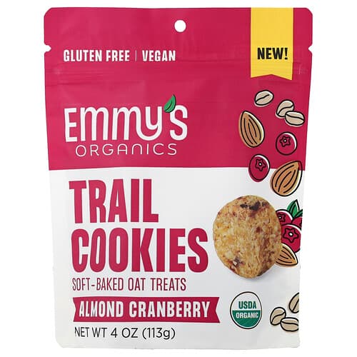 Emmy's Organic Cookies, Trail Cookies, zachtgebakken havermoutkoekjes, amandel-cranberry, 113 g