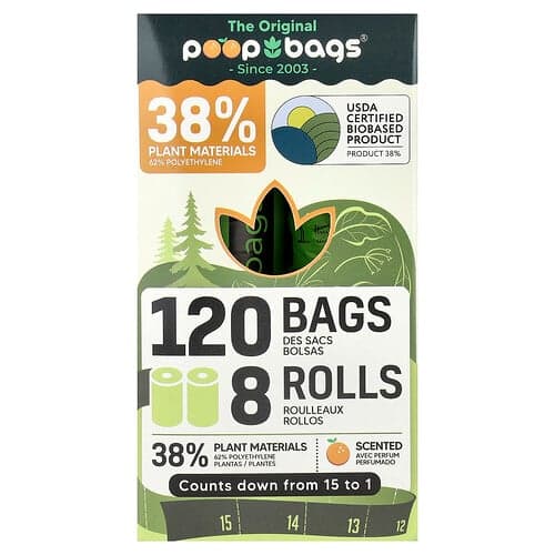 Original Poop Bags, Sinaasappel, 8 rollen, 15 zakken per stuk