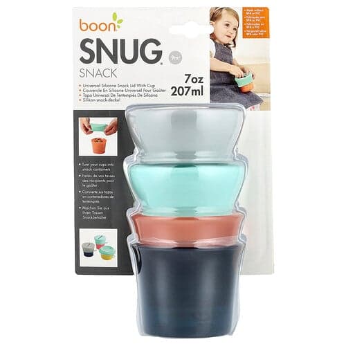 Boon, Snug Snack®, Universeel siliconen snackdeksel met beker, 9 maanden en ouder, 2 bekers en 2 deksels, 207 ml per stuk