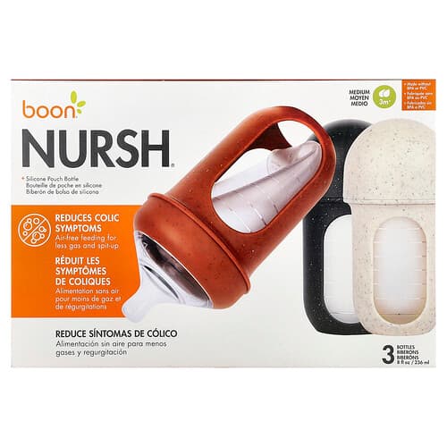 Boon, Nursh® siliconen drinkfles, medium, 3 maanden en ouder, 3 flessen van 236 ml per stuk.
