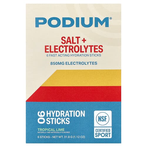 Podium Nutrition, Zout + elektrolyten, hydratatiesticks, tropische limoen, 6 sticks, elk 0,18 oz (5,3 g)