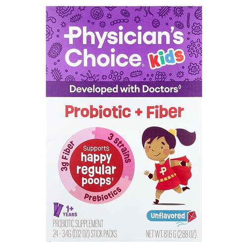 Physician's Choice, Probiotica + Vezels voor Kinderen, 1+ Jaar, Naturel, 24 Stick Packs, 3,4 g per stuk