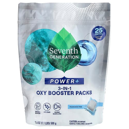 Seventh Generation, Power+, 3-in-1 Oxy Booster Packs, geurvrij, 25 verpakkingen, 1,1 lbs (500 g)