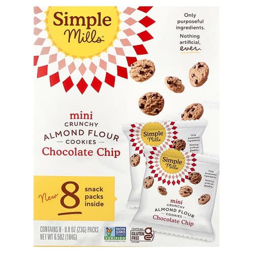 Simple Mills, Mini knapperige koekjes van amandelmeel met chocoladestukjes, 8 stuks, 23 g per stuk