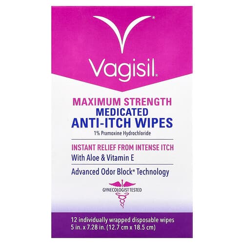 Vagisil, Medicinale anti-jeukdoekjes, maximale sterkte, 12 individueel verpakte wegwerpdoekjes