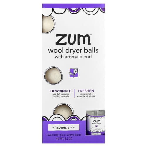 ZUM, Wol droogballen met aromamix, lavendel, 3 wolballen plus 1 aromamix, 8,5 oz