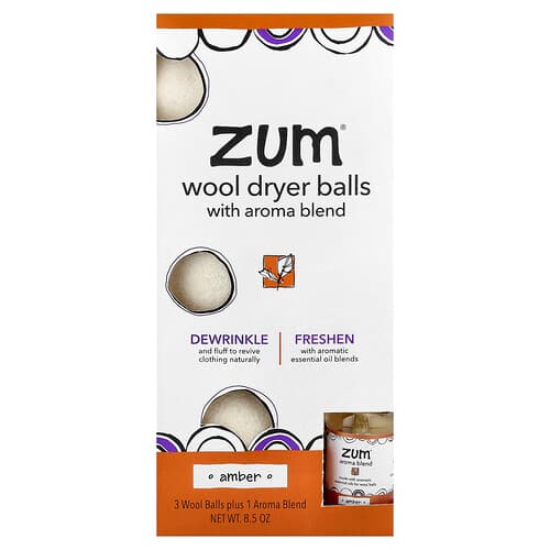 ZUM, Wol droogballen met aromamix, amber, 3 wolballen plus 1 aromamix, 8,5 oz
